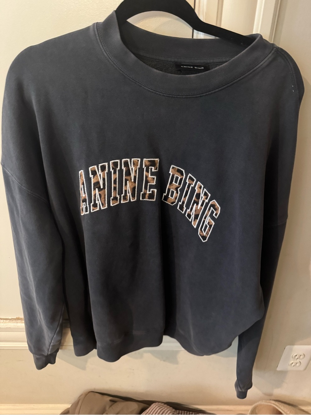 Anine Bing Charcoal Crewneck Sweatshirt with Embroidered Logo